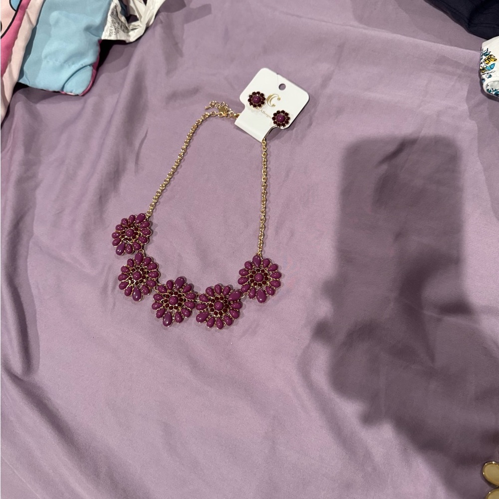 Elegant Purple Floral Necklace and Earring Set